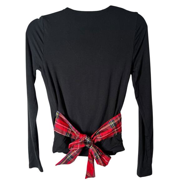 J. Crew Form‎ Knit Long Sleeve Wrap Top Black with Plaid Waist Tie XS Holiday - Picture 5 of 9